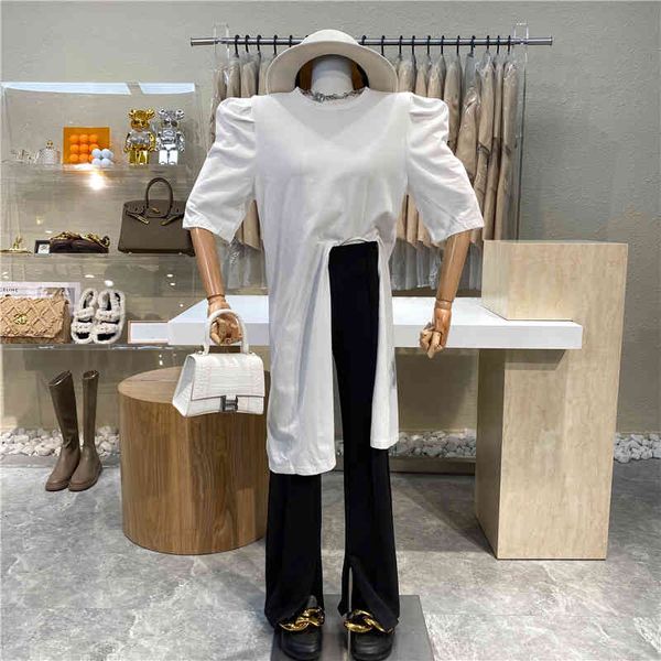 

original niche design sense division around neck irregular bubble sleeve joker bottom shirt, White