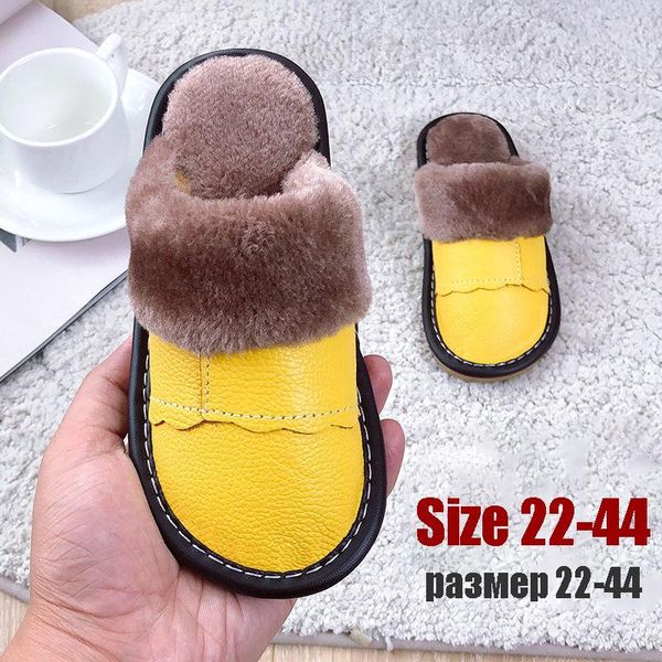 

family matching shoes genuine leather plush slippers women fur slide wholesal winter house furry size45, Black