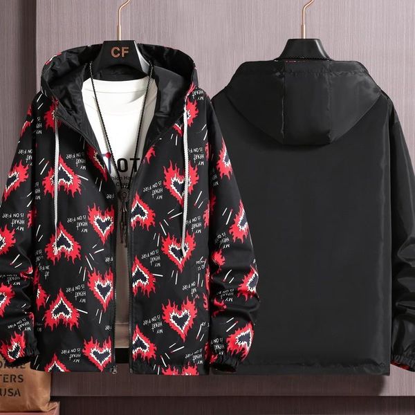 

men's jackets reversible jacket men printing hooded windbreaker coat military parka streetwear, Black;brown