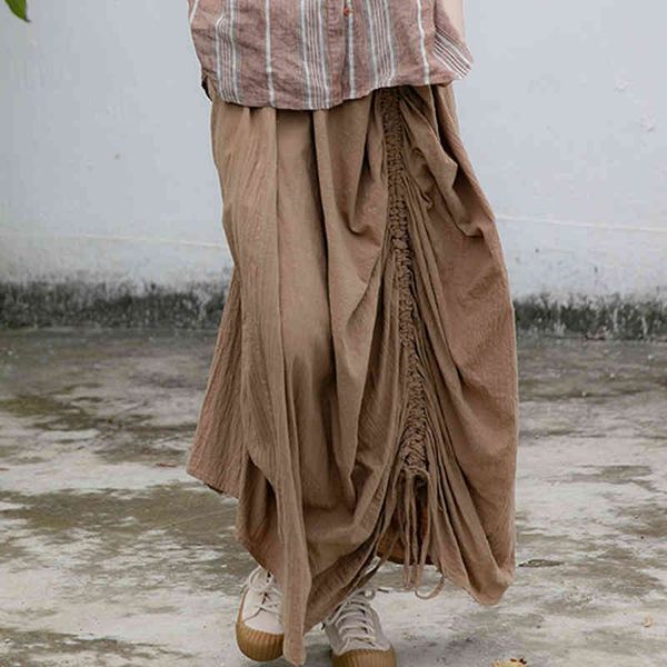 

johnature women khaki vintage skirts elastic waist drawstring patchwork spring linen original female loose skirts 210521, Black