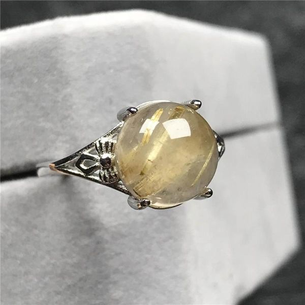 

cluster rings 10mm genuine natural gold rutilated ring jewelry for woman man quartz crystal oval beads silver stone adjustable, Golden;silver