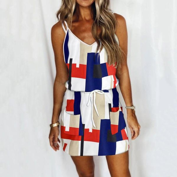 

casual dresses bohemian dress women summer color block print v-neck sleeveless spaghetti strap party mini beach sundress, Black;gray