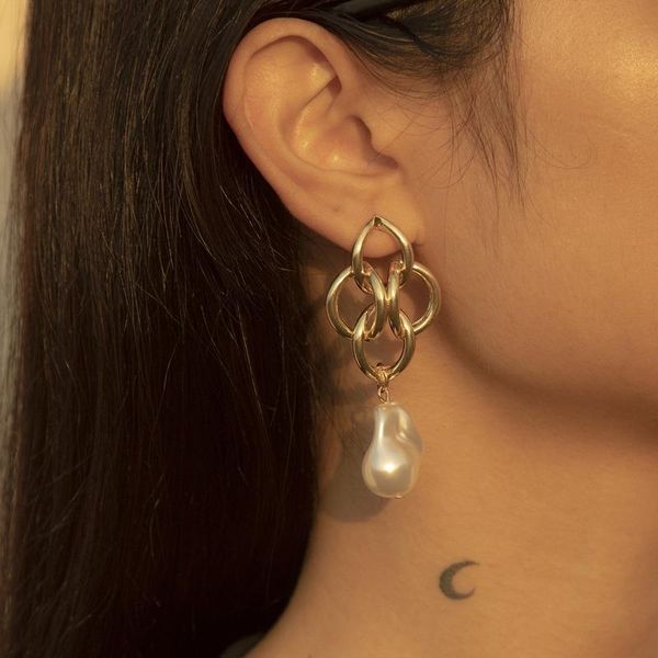

dangle & chandelier orgin summer unique design geometrical hollow out circle irregular pearl earrings for women french gold jewelry, Silver