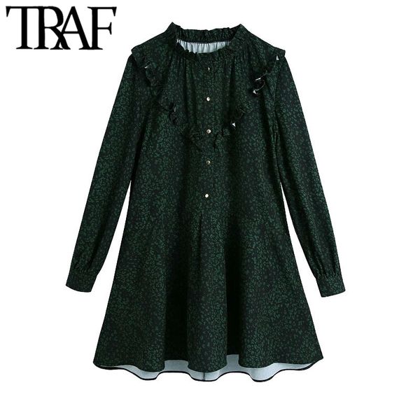 

traf women fashion with metal buttons printed ruffle mini dress vintage high neck long sleeve female dresses mujer 210415, Black;gray