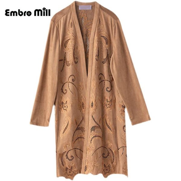 

women's trench coats chinese style spring and summer female open stitch retro hollow + embroidery loose long sleeve windbreaker coat, Tan;black