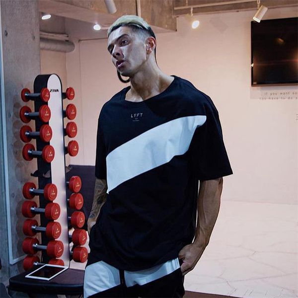 

men's t-shirts 2021 men patchwork printing sport t-shirt bodybuilding breathable cotton short sleeve training running tees oversize, White;black