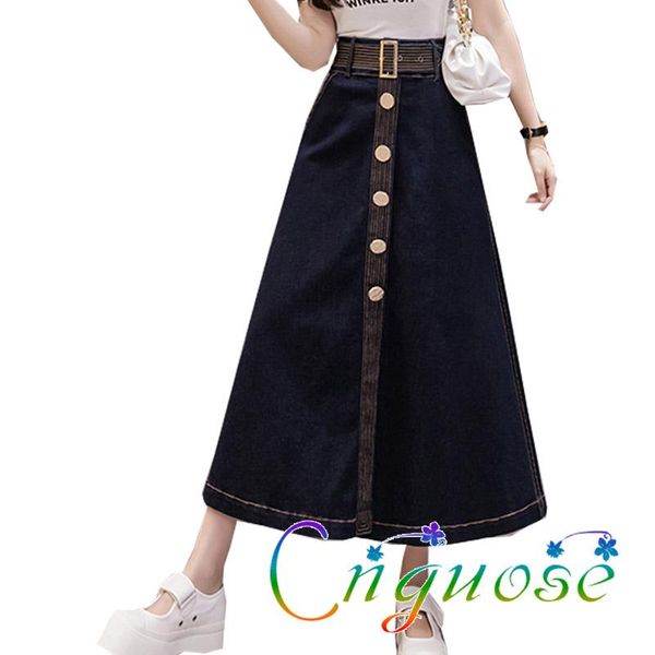 

skirts 2021 spring and summer female fashion casual button a-line denim jeans high waist long maxi with womens, Black