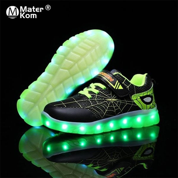 Größe 26-37 Kinder LED-Licht-Up-Schuhe, leuchtende Turnschuhe für Mädchen, Kind, USB-Aufladung, leuchtende, lässige Jungen, Hakenschlaufe 211022