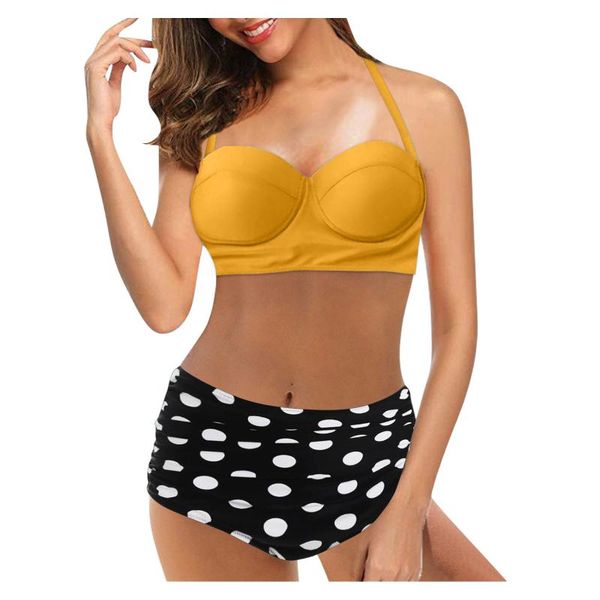 

women's swimwear high waist swimsuit 2021 dot printing bikini retro vintage halter maillot de bain femme, White;black
