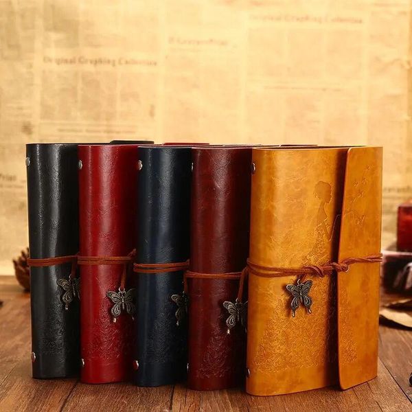 

notepads vintage a6 leather spiral six hole notebook 80 sheets kraft paper creative butterfly journal planner office school stationery, Purple;pink