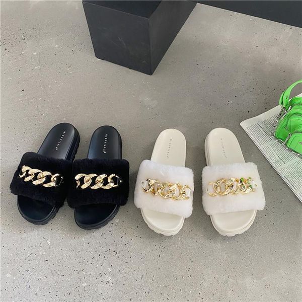 

slippers 2021 women fur slides brand design chains furry flat flip flops fluffy slip on mules, Black