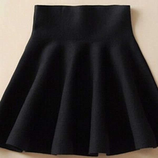 

spring autumn new women knitting woolen midi skirt ladies high waist casual pleated elastic flared skirts womens 210323, Black