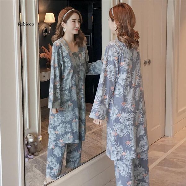 

women's sleepwear cotton robes sets for women autumn winter fashion long sleeve pajama femme flower print bathrobe homewear home clothi, Black;red