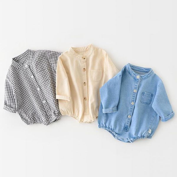 

spring newborn toddler infant baby boy denim bodysuit jumpsuit girls clothes outfit single-breasted long sleeve clothes 210413, White