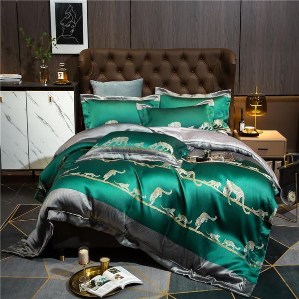 

luxury green leopards yarn-dyed jacquard satin craft bedding set duvet cover bed linen pillowcases home textile king  sets