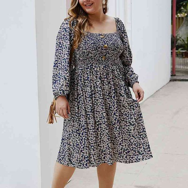 

big size xl-4xl floral women dresses elegant square collar long sleeve elastic waist button autumn mini lady dress vestidos w201 210526, Black;gray