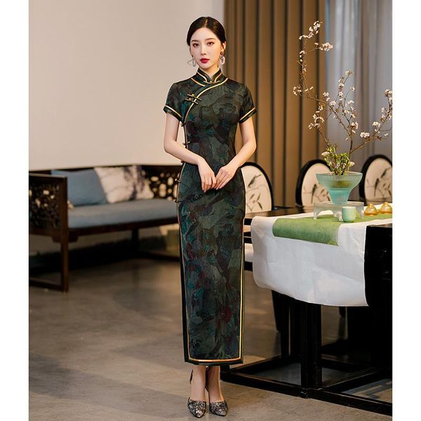 

ethnic clothing traditional chinese long lady print flower satin cheongsam slim mandarin collar qipao evening dress vintage button vest, Red