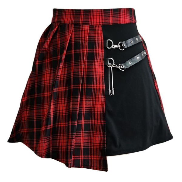 

a line harajuku pleated women skirts gothic irregular high waist plaid punk clubwear loose mini xs 4xl, Black