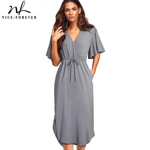 

nice-forever women casual solid color drawstring vestidos with batwing sleeve straight women dress a202 210419, White