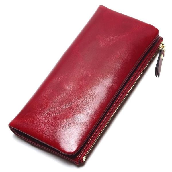 

wallets 2021 retro oil wax cow skin women's long wallet phone pack zipper 100% genuine leather clip money purse coin card holder, Red;black