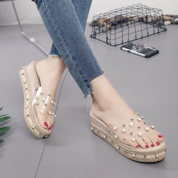 

pearl crystal outdoor women summer shoes with platform fashion wear elegant transparent thick bottom wedge female sandals, Black