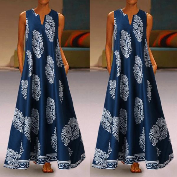 

casual dresses clothing women vintage daily v neck sleeveless boho floral sundress maxi dress ladies elegant vestidos mujer robe, Black;gray