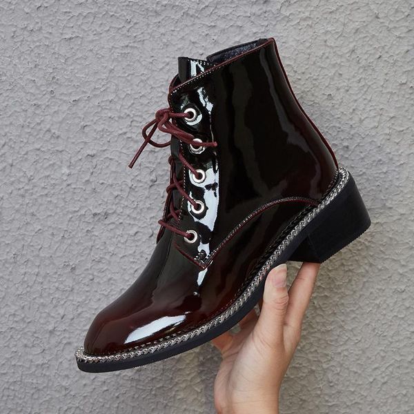 

boots punk genuine leather women chain square heels autumn winter ankle shoes woman motorcycle size 41 42 43, Black