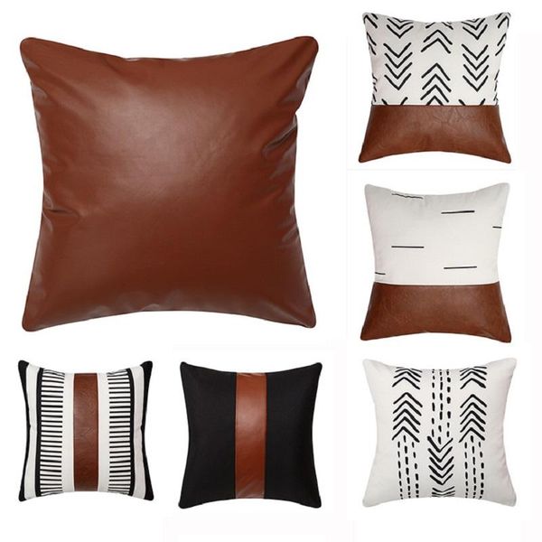 

pillow case pu leather brown stitching canvas print sofa cushion cover 45x45cm pillowcase decor lumbar 30x50cm