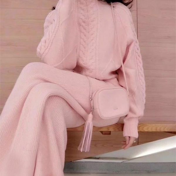

women's two piece pants suit style autumn winter kintted set pattern sweater + fashion wide leg two-piece, White
