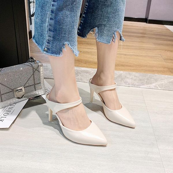 

slippers pointed toe solid leather women shoes 2021 summer female woman thin high heels casual, Black