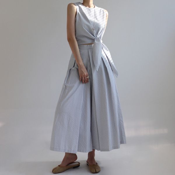 

temperament round neck sleeveless bow tie shirt + high waist striped wide leg casual pants trousers women summer 16f0876 210510, White