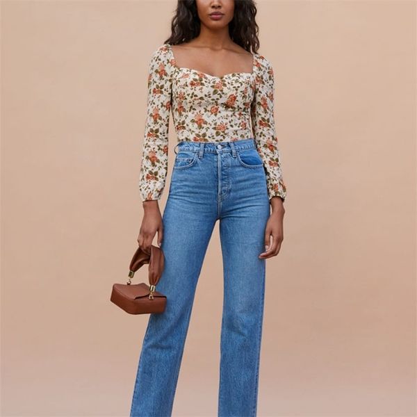 

summer women's casual floral print square neck long sleeve slim shirt 210430, White