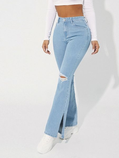 

petite split hem flared leg ripped jeans s2uo#, Blue