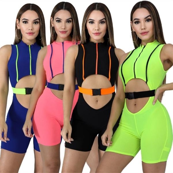 

neon color hollow out women summer buckle biker playsuit ladies 2020 fitness turtleneck bodysuit zipper jumpsuit, White