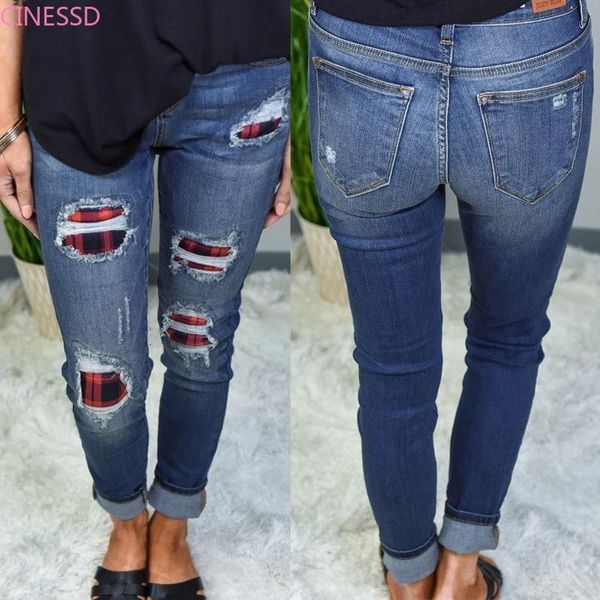 

women's jeans autumn skinny ripped holes women high waist stretch female chic bottoms patch women pants clothing t9t2, Blue