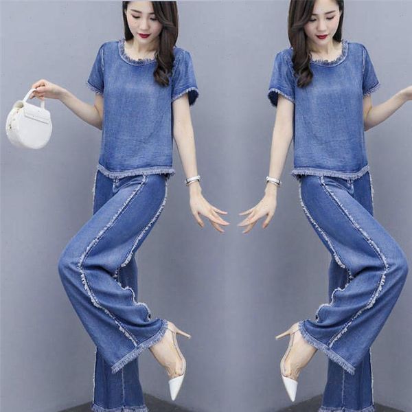 

tracksuit summer loose large size womens tracksuits crop denim pants suit female plus fashion two piece sets, Gray