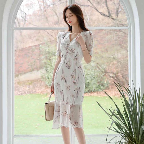 

elegant women midi dress short sleeve print fashion bodycon office lady mermaid vestidos 210514, Black;gray