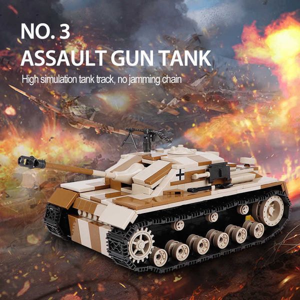 Militär WW2 721Pcs Deutsch Assault III Gun Tank Bausteine Waffe Armee Polizei Soldat Stadt Ziegel Kinder Spielzeug Geschenke q0624