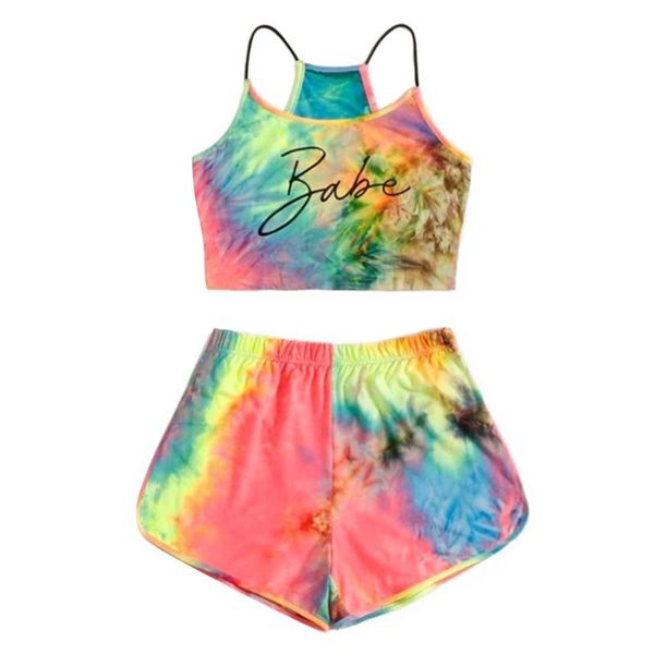 

yoga outfits 2piece set women suit summer casual tie-dye high waist shorts sets soprts womens clothing, White;red