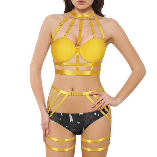 

garters body harness bra cup belt adjust plus size lingerie set caged bralette ladies strappy halter pole dance rave, Black;white