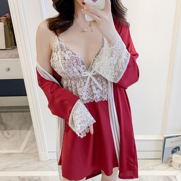 

women's sleepwear style pajamas women spring and autumn imitation silk sling nightdress nightgown two-piece suit korean thin summer hom, Black;red