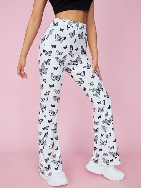 

petite butterfly print high waist flared leg pants 72qk#, Black;white