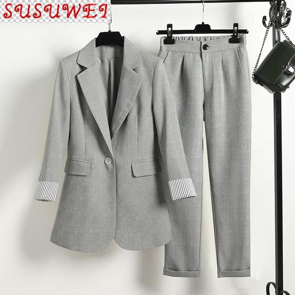 

business wear women's suit pants two-piece temperament long sleeve plaid ladies jacket casual trousers office two piece, White