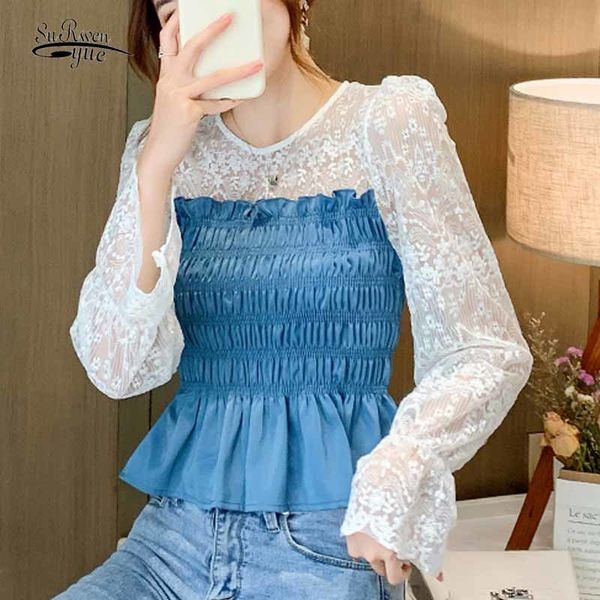 

women sweet pullover o-neck pleated shirts lace stitching puff long sleeve blouses autumn slimming waist ruffled 11908 210508, White