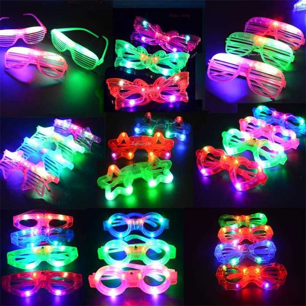 12 Pcs Adulti Bambini LED Occhiali da sole per feste leggeri Mardi Gras Glow In Dark Shutter Shades Neon Flash Natale Compleanno 2022 211216