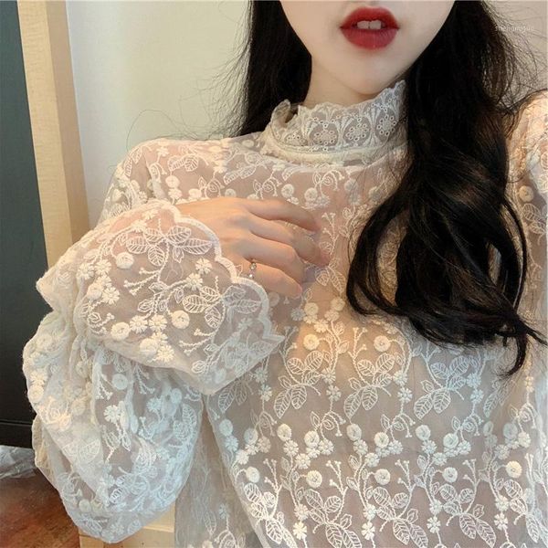 

lace turtleneck women blouse and shirts flare sleeved loose all match lady elegant buttoming fashion outwear pulls women's blouses &, White