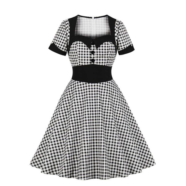 

plaid dress square neck short sleeve swing skirt, Black;gray