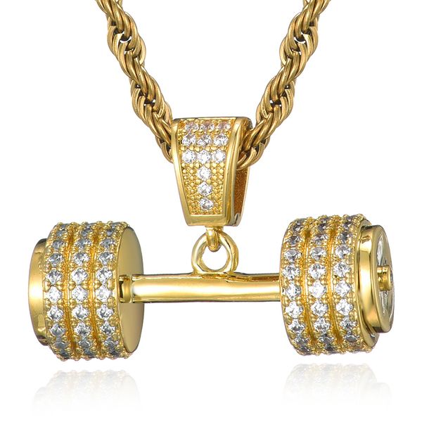 Iced Out Bling Strass Seil Kette Halskette Barbell Gym Fitness Hantel Gold Farbe Hand Anhänger Halsketten Für Männer Schmuck