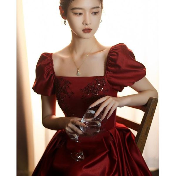 

ethnic clothing square collar bride wedding dress french evening temperament banquet charming formal party prom gowns, Red