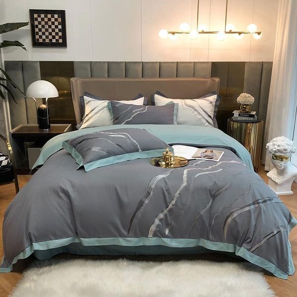 

modern abstract art marble embroidery gray bedding set  king size teens boys girls 100%cotton soft duvet cover bed sheet sets
